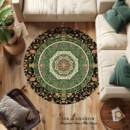 Jade Green Fairytale Gothic Area Rug | Baroque Motif Art Nouveau Flourish Antique-Inspired Decor Victorian Revival Maximalist Sage Green |