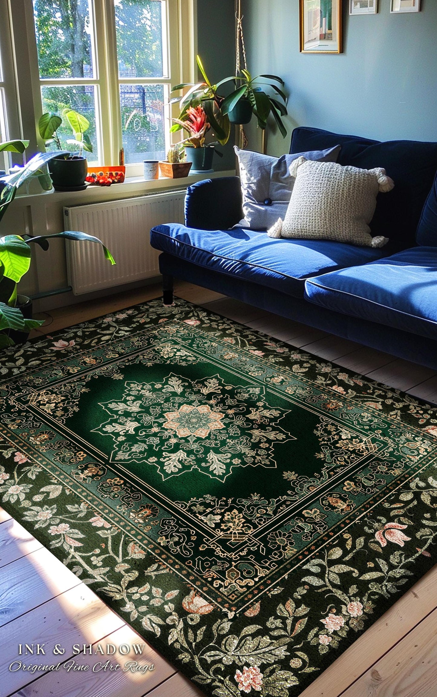 Witchy Bohemian Rustic Accent Rug | Enchanting Midnight Emerald Ornate Area Rug Traditional Art Deco Living Room Baroque Aesthetic Decor |