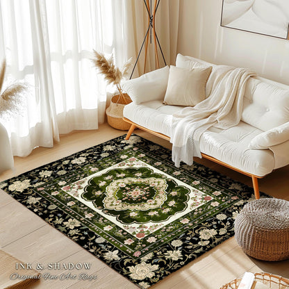 Dark Florals Romantic Baroque Rug | Gothic Revival Floor Accent Art Deco Lines Maximalist Study Witchy Home Decor Ornate Eclectic Style |