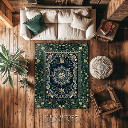 Whimsical Emerald Teal Gothic Accent Rug | Ornate Baroque Design Dark Academia Decor Art Deco Boho Maximalist Bedroom Rug Ethereal Style |