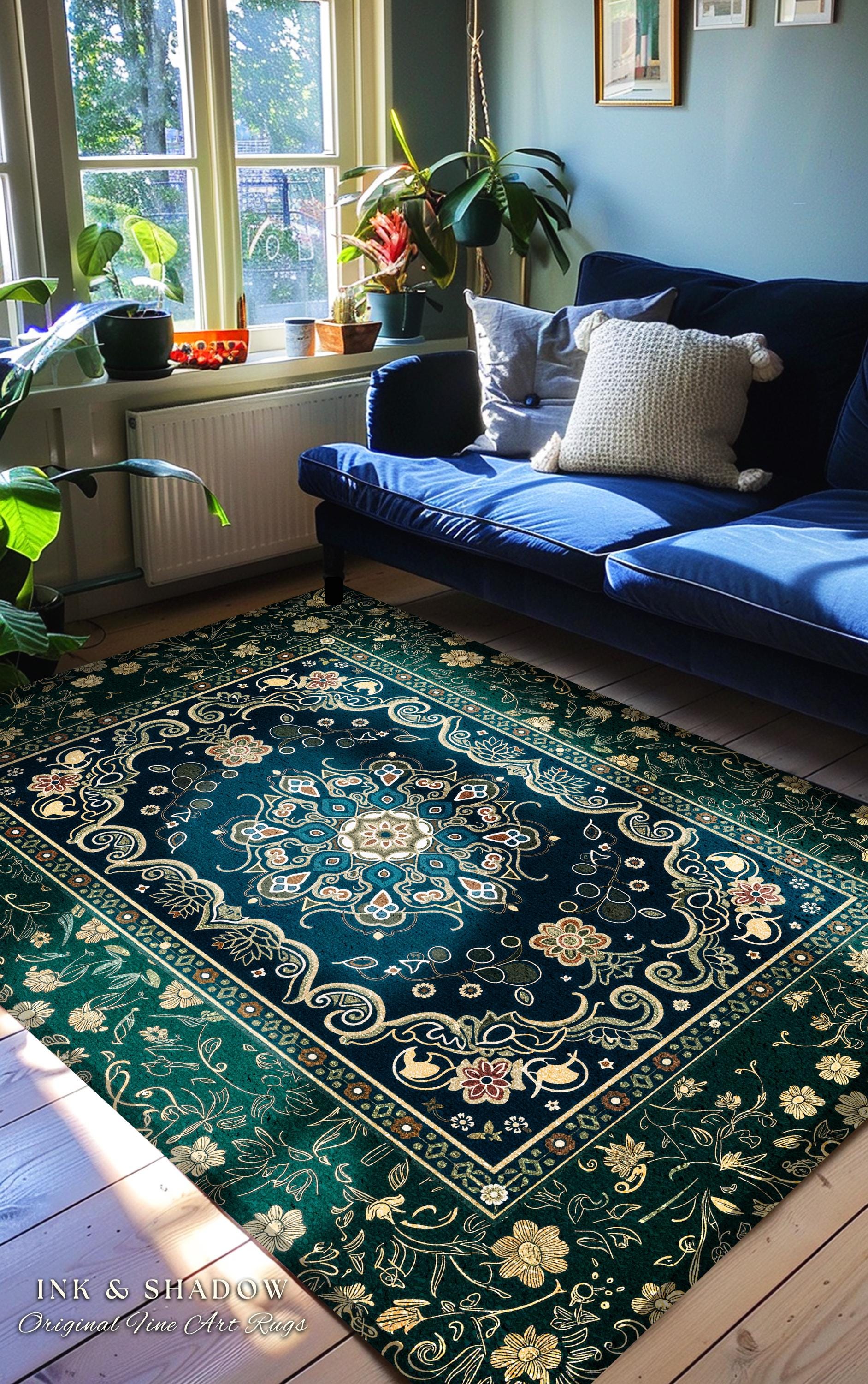 Whimsical Emerald Teal Gothic Accent Rug | Ornate Baroque Design Dark Academia Decor Art Deco Boho Maximalist Bedroom Rug Ethereal Style |