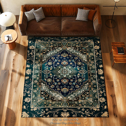 Victorian Baroque Area Rug | Midnight Emerald Ornate Design Gothic Art Deco Boho Accent Dark Academia Maximalist Home Statement Piece Witchy