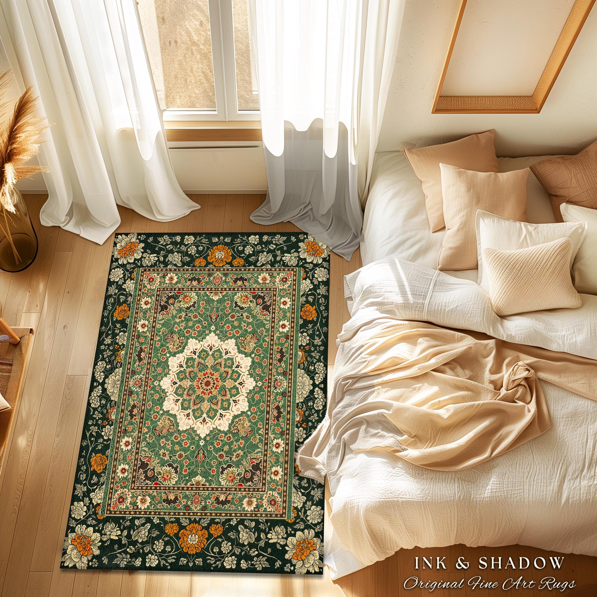 Aesthetic Sage Green Gothic Area Rug | Baroque Ornate Maximalist Design Antique Romance Art Nouveau Pattern Jade Green Victorian Influence