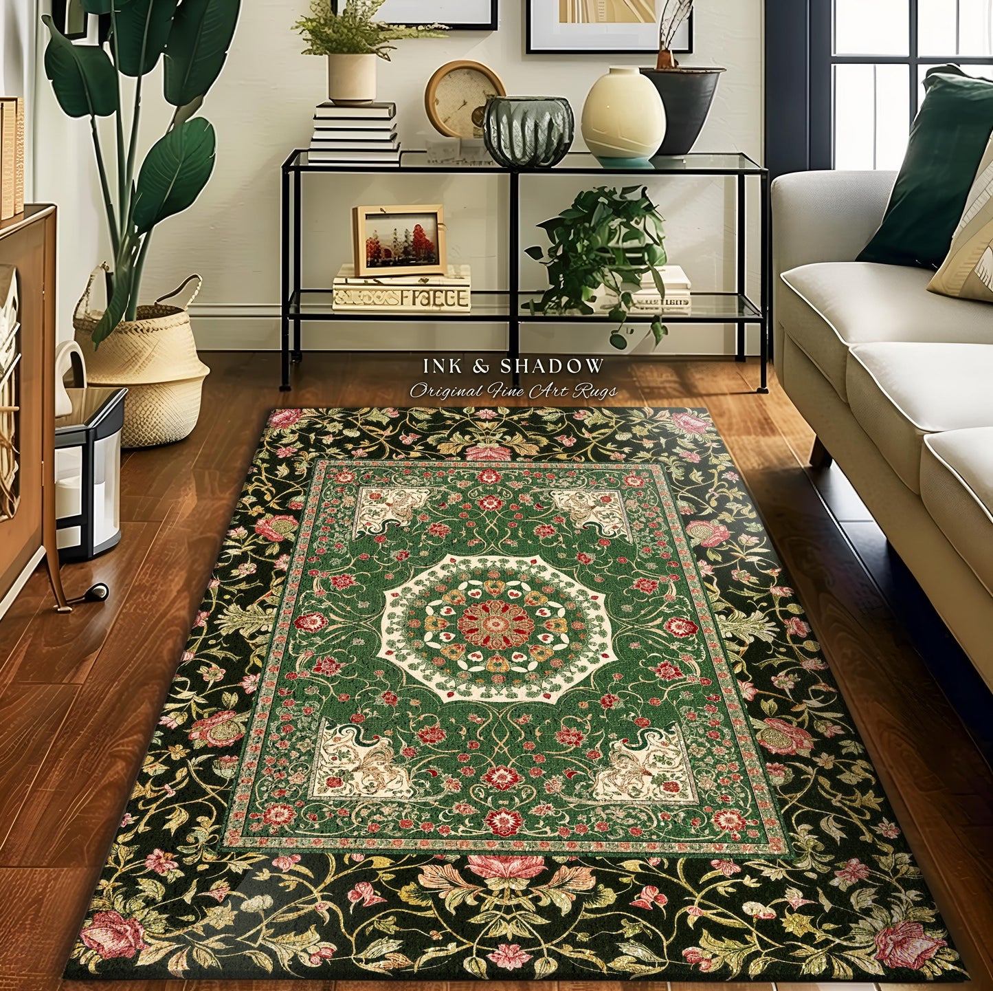 Jade Green Fairytale Gothic Area Rug | Baroque Motif Art Nouveau Flourish Antique-Inspired Decor Victorian Revival Maximalist Sage Green |