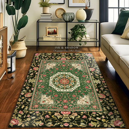 Jade Green Fairytale Gothic Area Rug | Baroque Motif Art Nouveau Flourish Antique-Inspired Decor Victorian Revival Maximalist Sage Green |