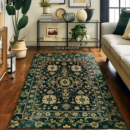 Dark Academia Art Deco Area Rug | Ornate Design Deep Emerald Green Floor Rug Baroque Victorian Gothic Dark Mystic Maximalist Bedroom Decor |