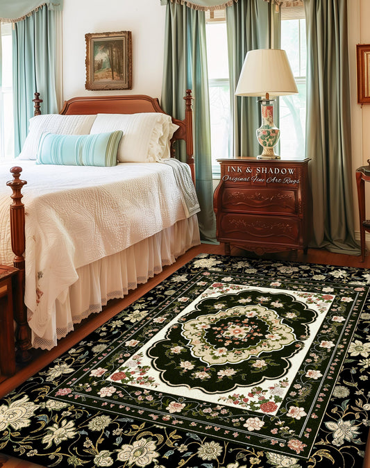 Dark Florals Romantic Baroque Rug | Gothic Revival Floor Accent Art Deco Lines Maximalist Study Witchy Home Decor Ornate Eclectic Style |