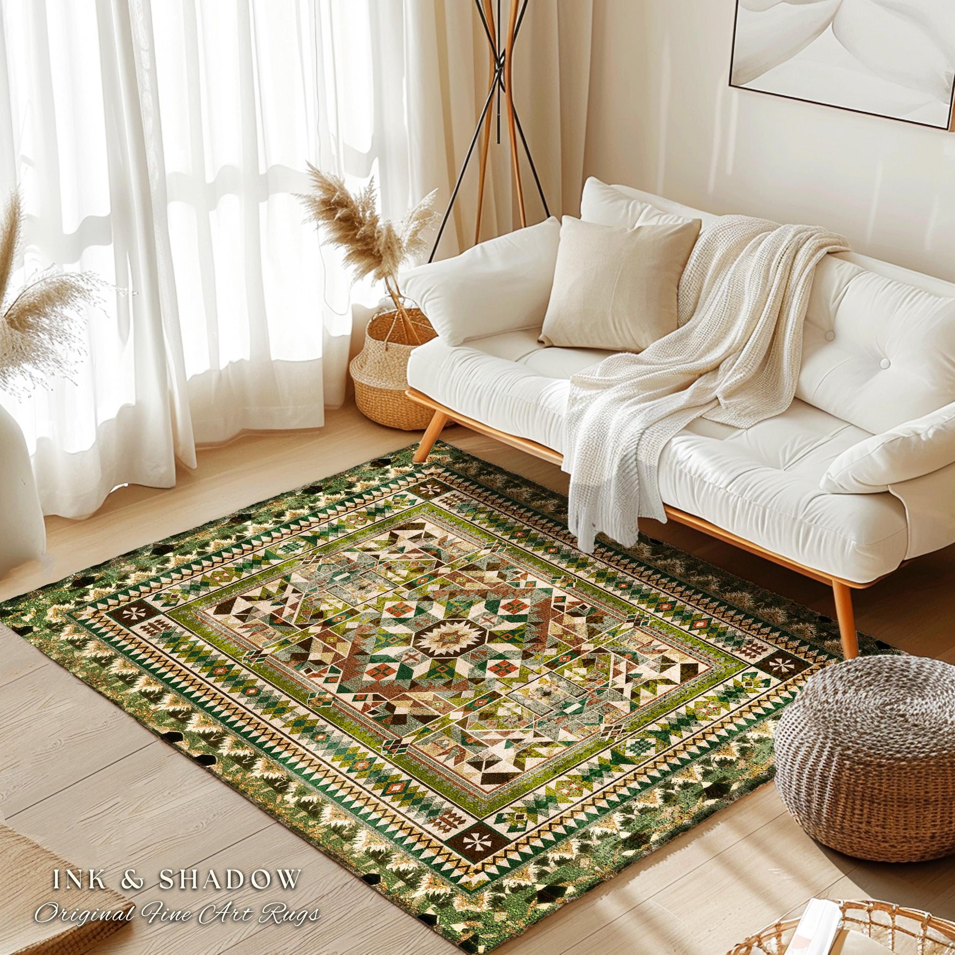 Natural Toned Geometric Area Rug | Warm Midcentury Styling Boho Accent Earth Palette Muted Color Interior Design Nordic Aesthetic Bohemian |