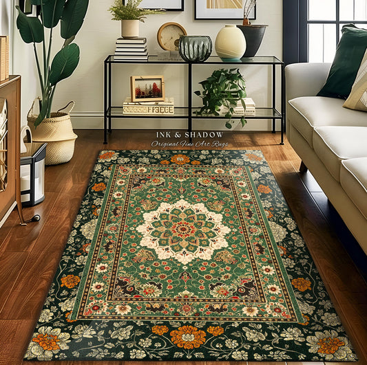 Aesthetic Sage Green Gothic Area Rug | Baroque Ornate Maximalist Design Antique Romance Art Nouveau Pattern Jade Green Victorian Influence