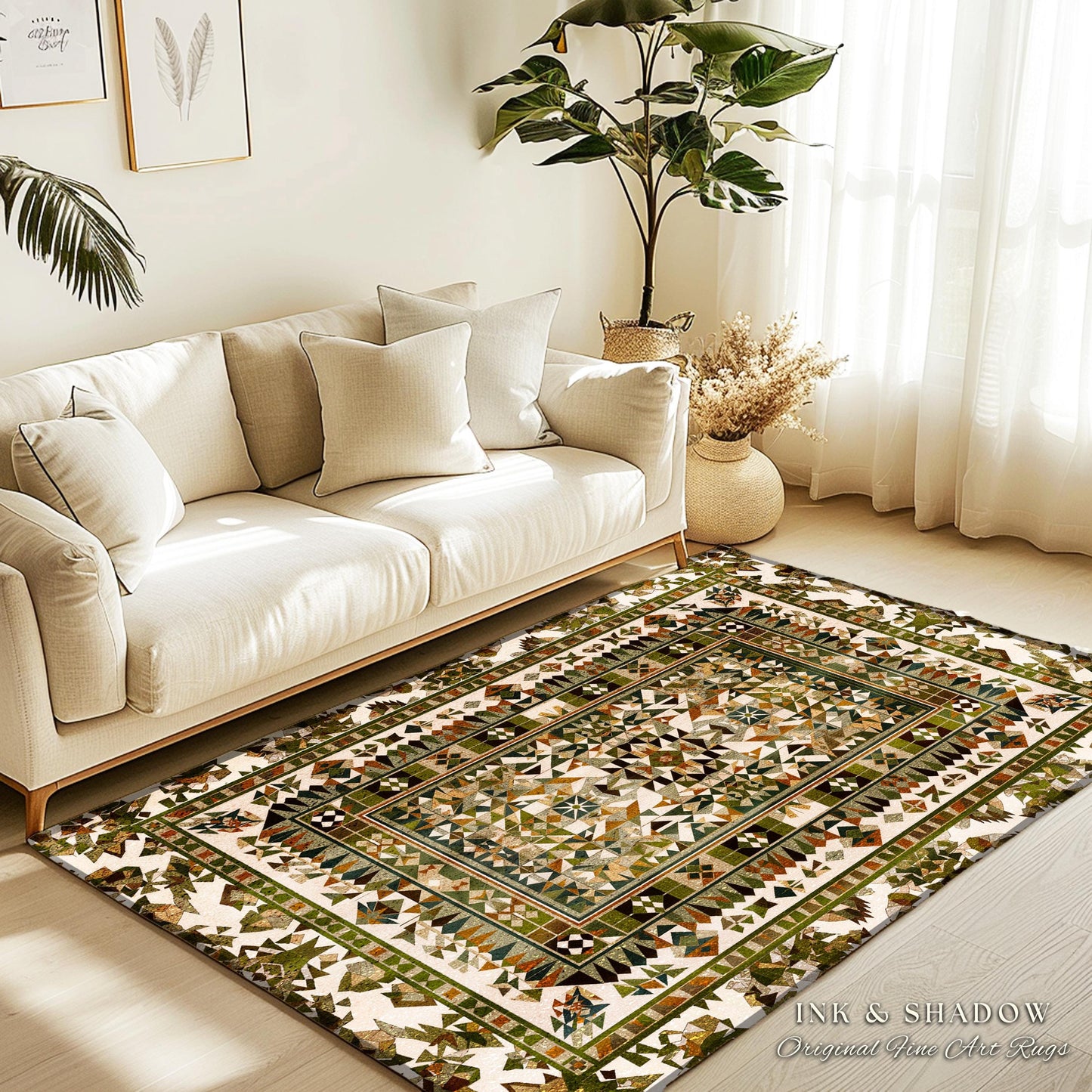 Bohemian Earth Tone Accent Rug | Subtle Geometric Detailing Midcentury Aesthetic Natural Hues Boho Subtle Style Interior Modern Accent Piece