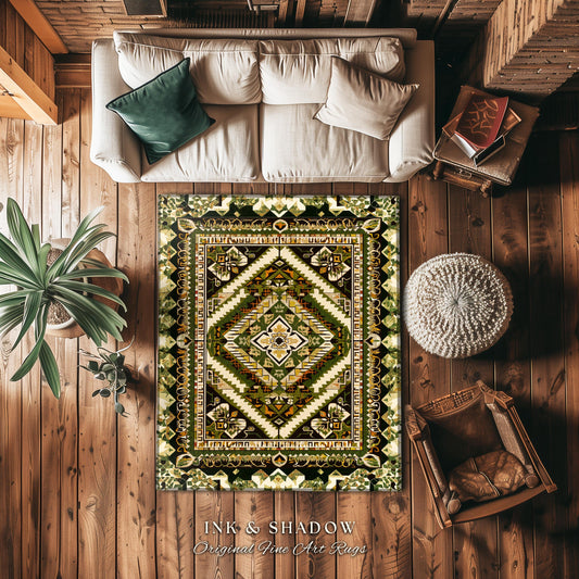 Soft Neutrals Earthy Area Rug | Geometric Boho Styling Midcentury Influence Warm Earth Tones Cozy Home Accent Muted Interior Design Style |
