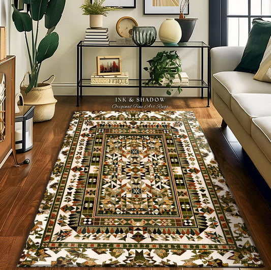 Bohemian Earth Tone Accent Rug | Subtle Geometric Detailing Midcentury Aesthetic Natural Hues Boho Subtle Style Interior Modern Accent Piece