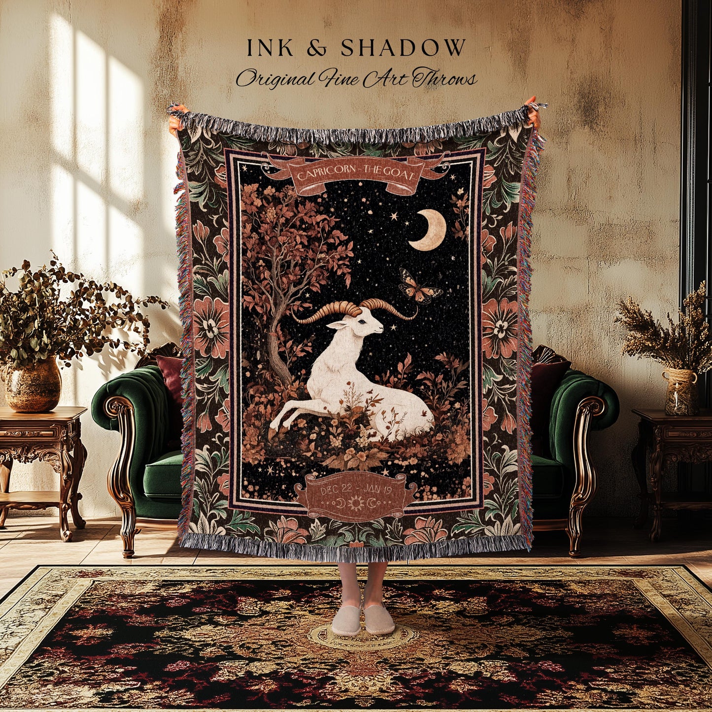 Gothic Romantic Capricorn Zodiac Sign Blanket Celestial Forestcore Throw | The Goat Astrology Victorian Constellation Tapestry Birthday Gift