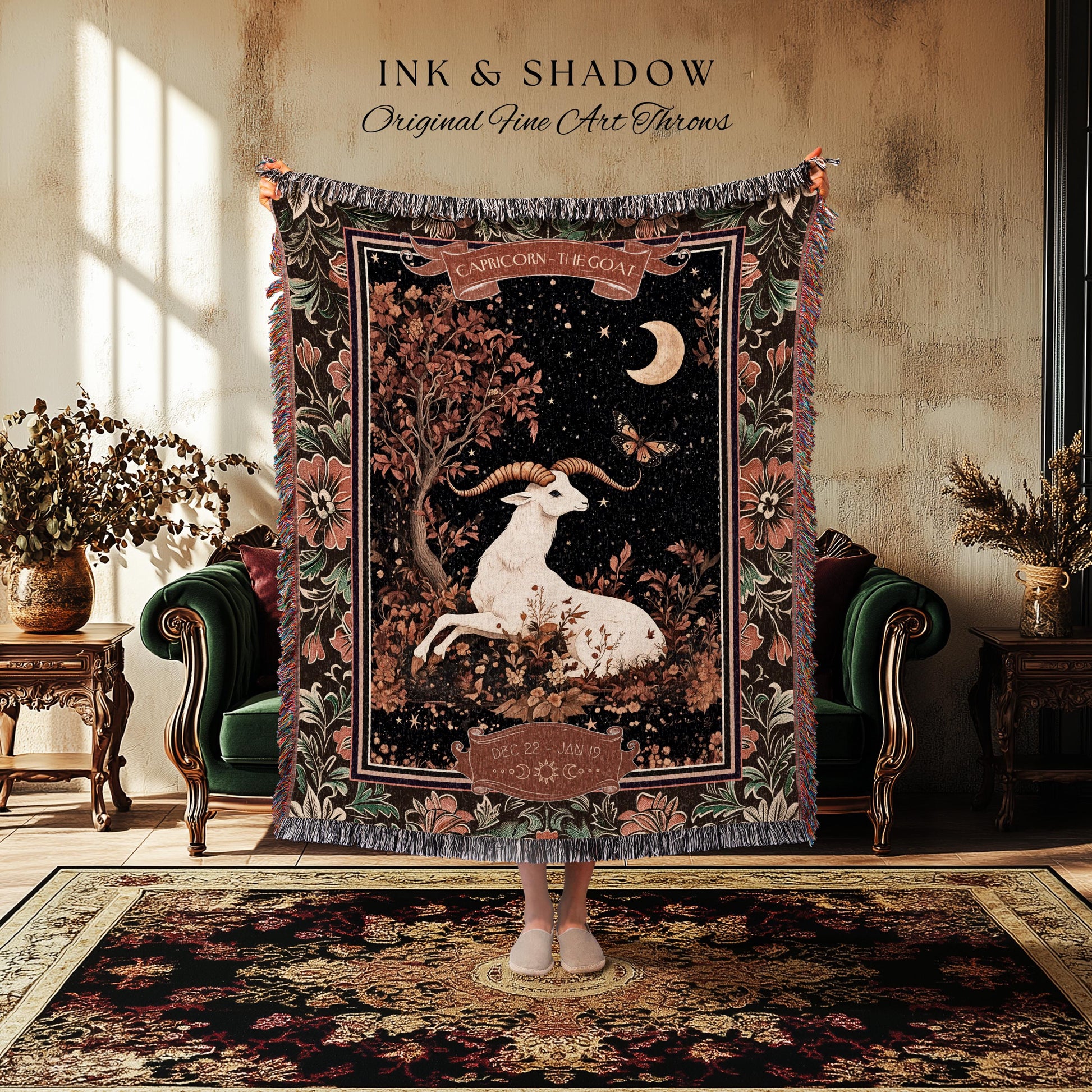 Gothic Romantic Capricorn Zodiac Sign Blanket Celestial Forestcore Throw | The Goat Astrology Victorian Constellation Tapestry Birthday Gift