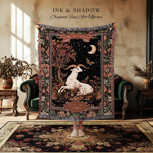 Gothic Romantic Capricorn Zodiac Sign Blanket Celestial Forestcore Throw | The Goat Astrology Victorian Constellation Tapestry Birthday Gift