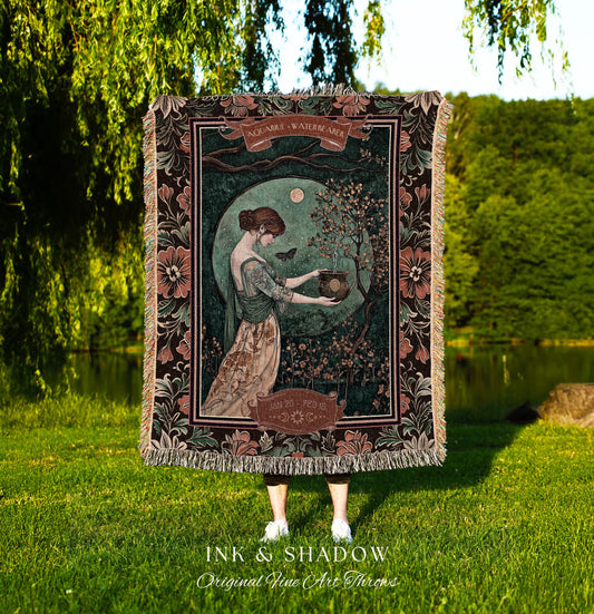 Victorian Nouveau Celestial Fairycore Aquarius Zodiac Tapestry Throw | The Water Bearer Star Sign Moonlit Astrology Art Birth Month Blanket