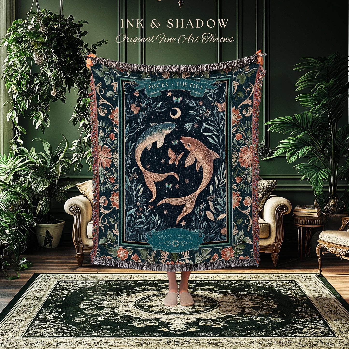 Moonlit Pisces Zodiac Tapestry Blanket Dreamy Celestial Art Nouveau Style | The Fish Star Sign Whimsical Botanical Water Birthday Month Gift