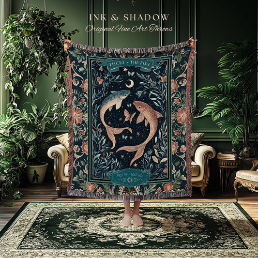 Moonlit Pisces Zodiac Tapestry Blanket Dreamy Celestial Art Nouveau Style | The Fish Star Sign Whimsical Botanical Water Birthday Month Gift
