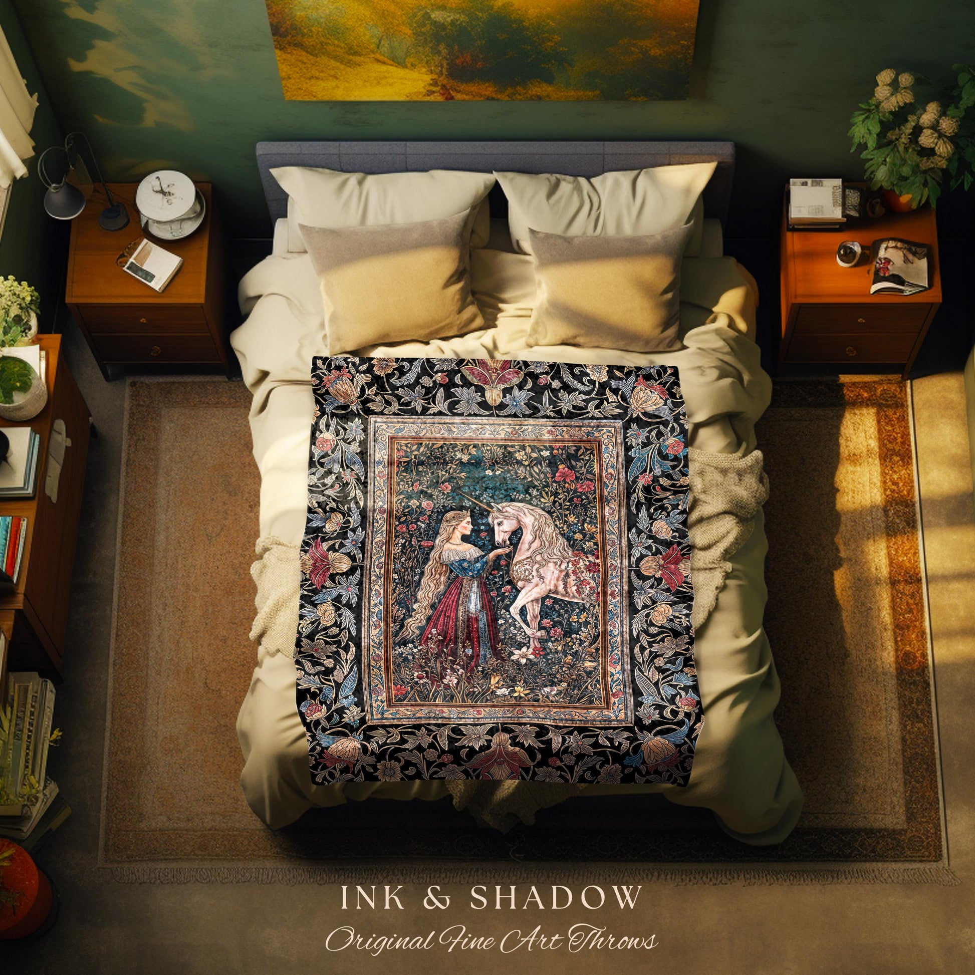 Mystic Fairytale Unicorn Throw Blanket | Renaissance Aesthetic Gloomy Coquette Woven Wall Tapestry Dark Cottagecore Storybook Gothic Theme |