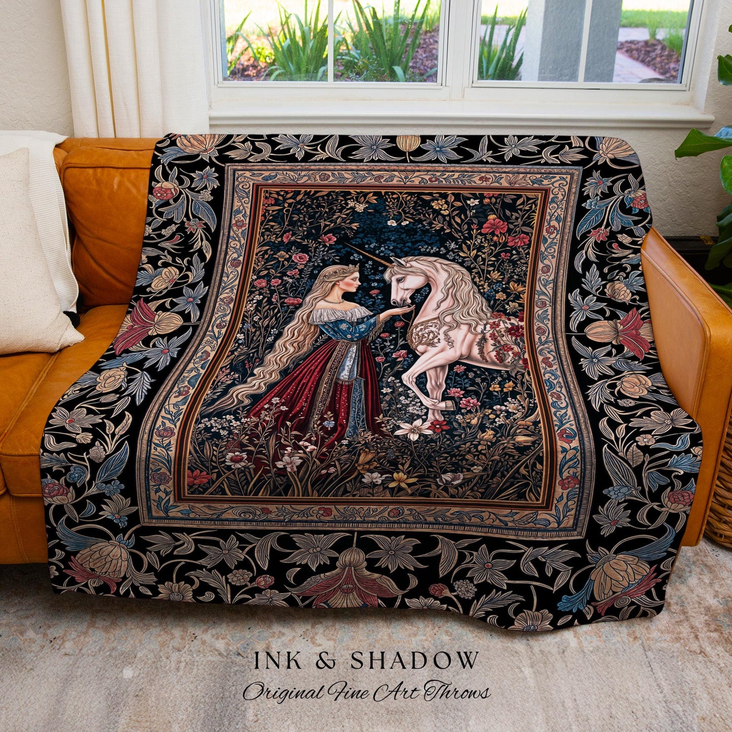 Mystic Fairytale Unicorn Throw Blanket | Renaissance Aesthetic Gloomy Coquette Woven Wall Tapestry Dark Cottagecore Storybook Gothic Theme |