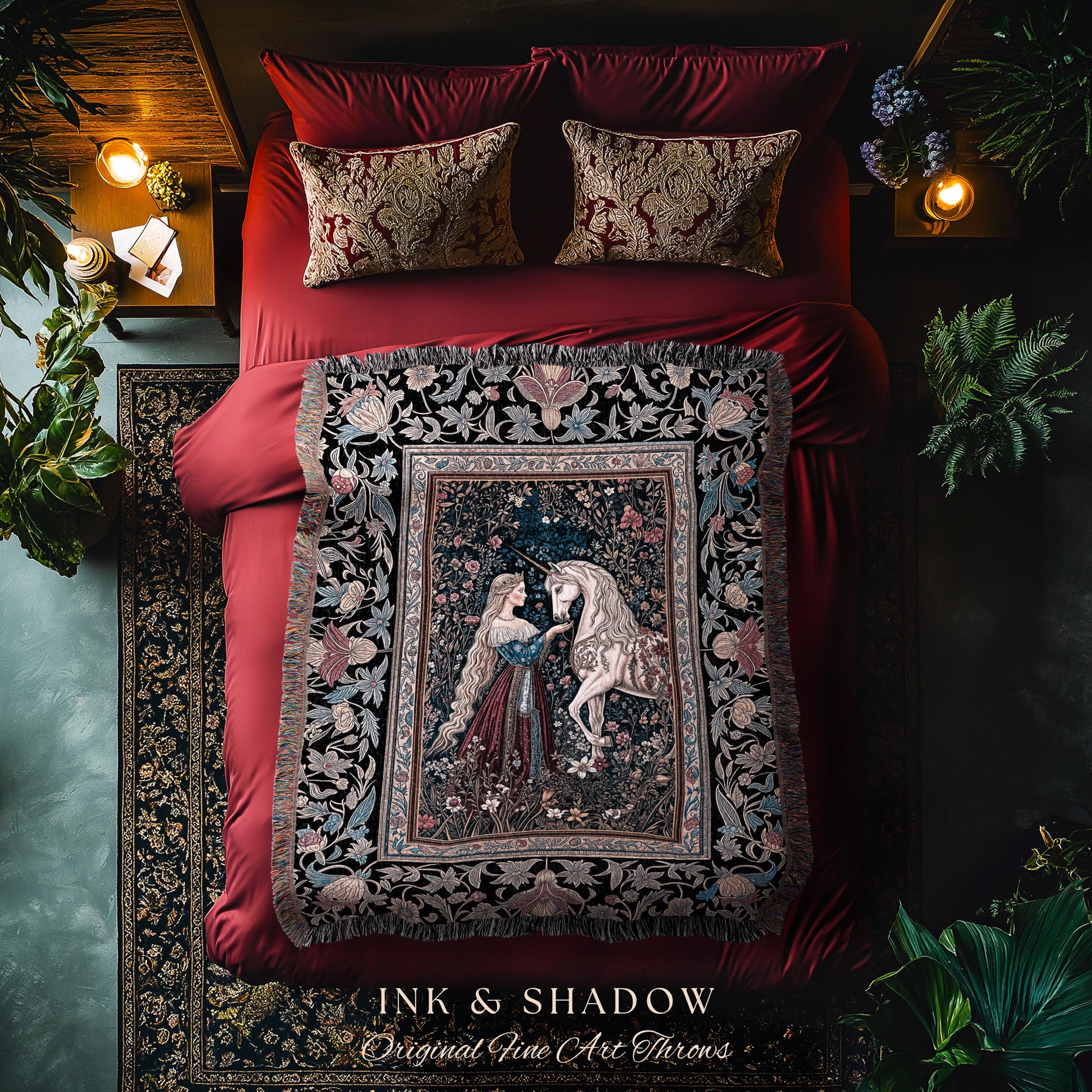 Mystic Fairytale Unicorn Throw Blanket | Renaissance Aesthetic Gloomy Coquette Woven Wall Tapestry Dark Cottagecore Storybook Gothic Theme |