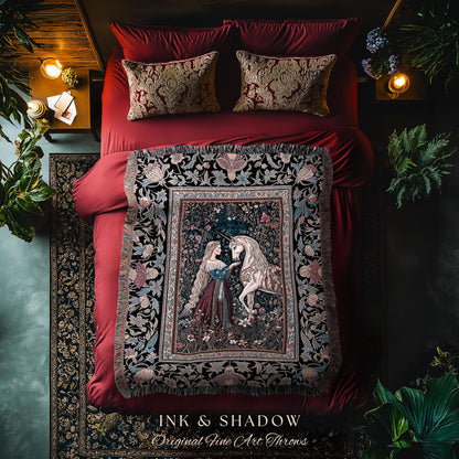 Mystic Fairytale Unicorn Throw Blanket | Renaissance Aesthetic Gloomy Coquette Woven Wall Tapestry Dark Cottagecore Storybook Gothic Theme |