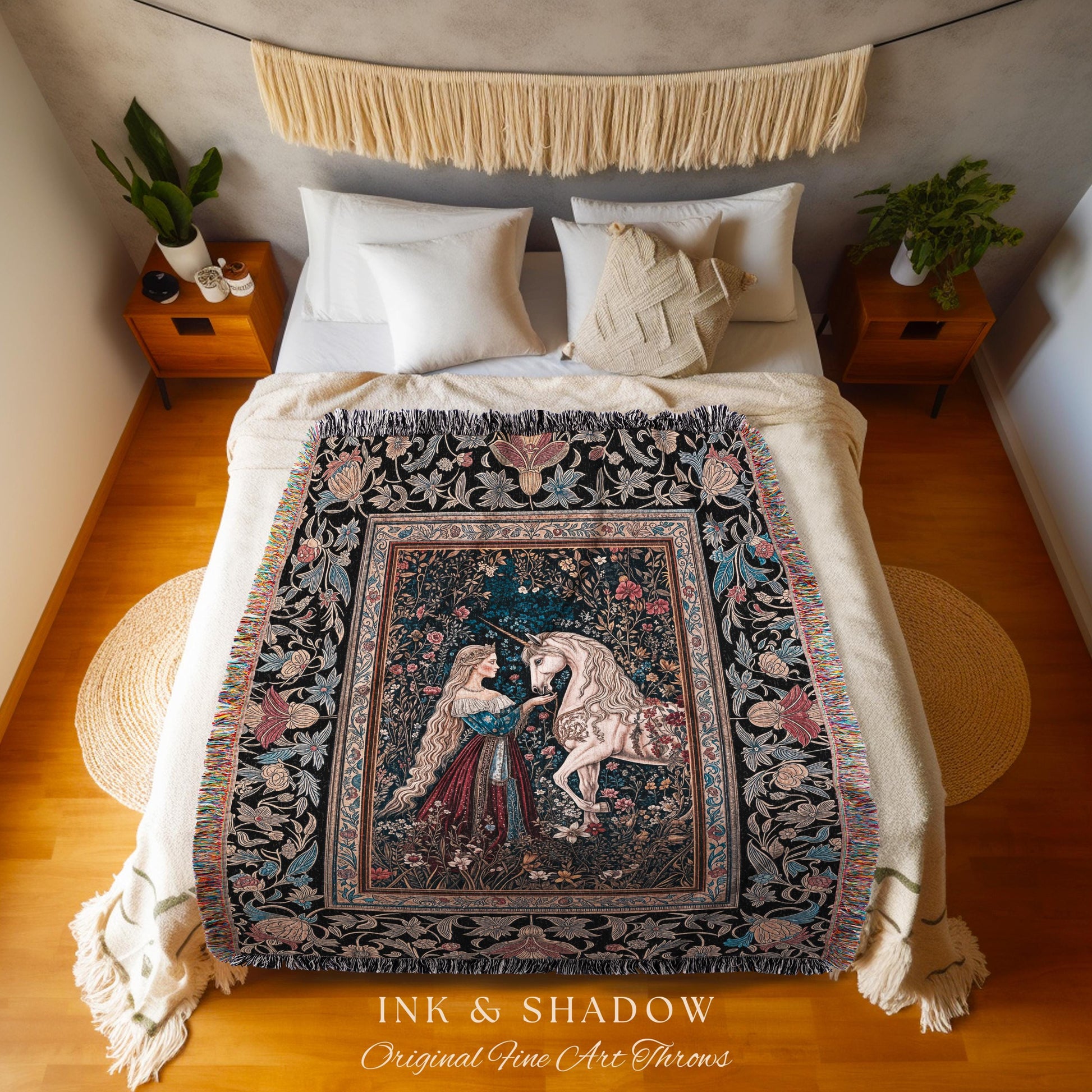 Mystic Fairytale Unicorn Throw Blanket | Renaissance Aesthetic Gloomy Coquette Woven Wall Tapestry Dark Cottagecore Storybook Gothic Theme |
