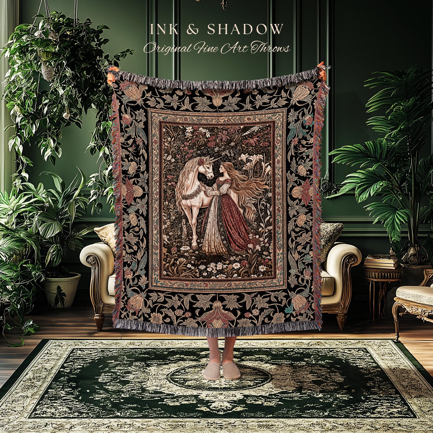 Enchanted Garden Princess Blanket | Mystical Cottagecore Royalcore Woven Tapestry Antique Fairytale Bedroom Soft Romantic Folklore Style |