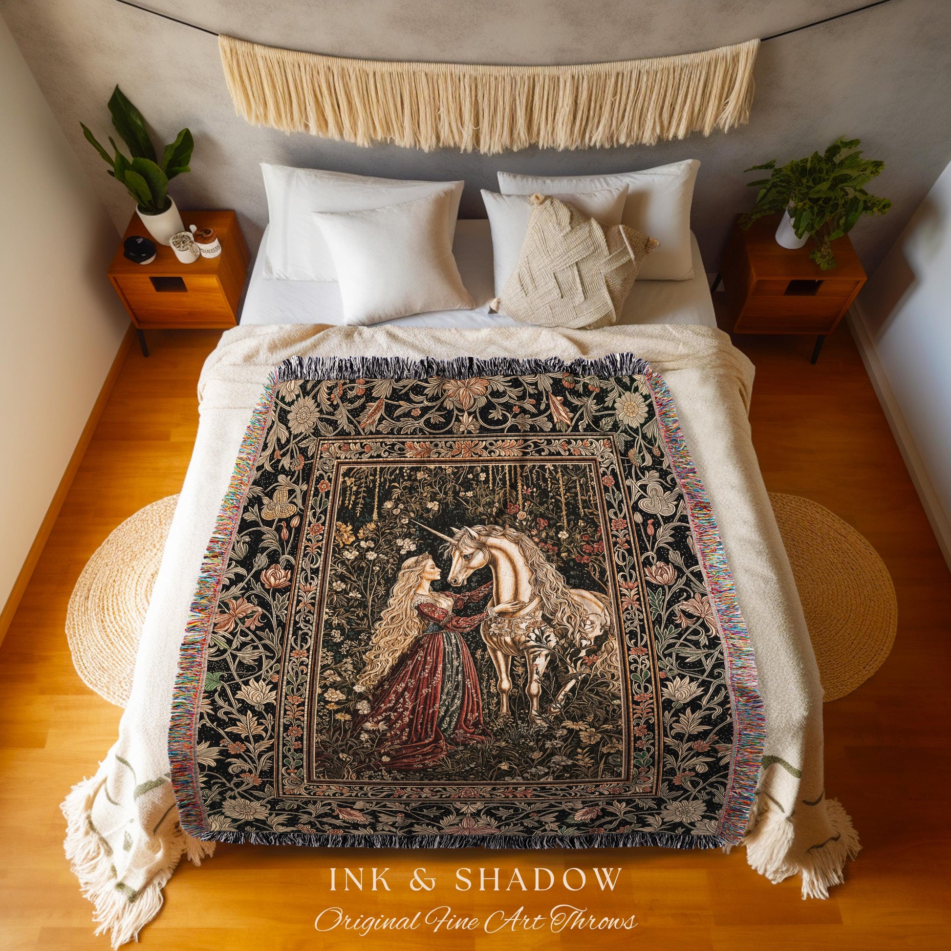 Romantic Fairytale Unicorn Throw Blanket | Regency Dark Cottagecore Coquette Woven Tapestry Dreamy Rococo Bedroom Storybook Gothic Decor |