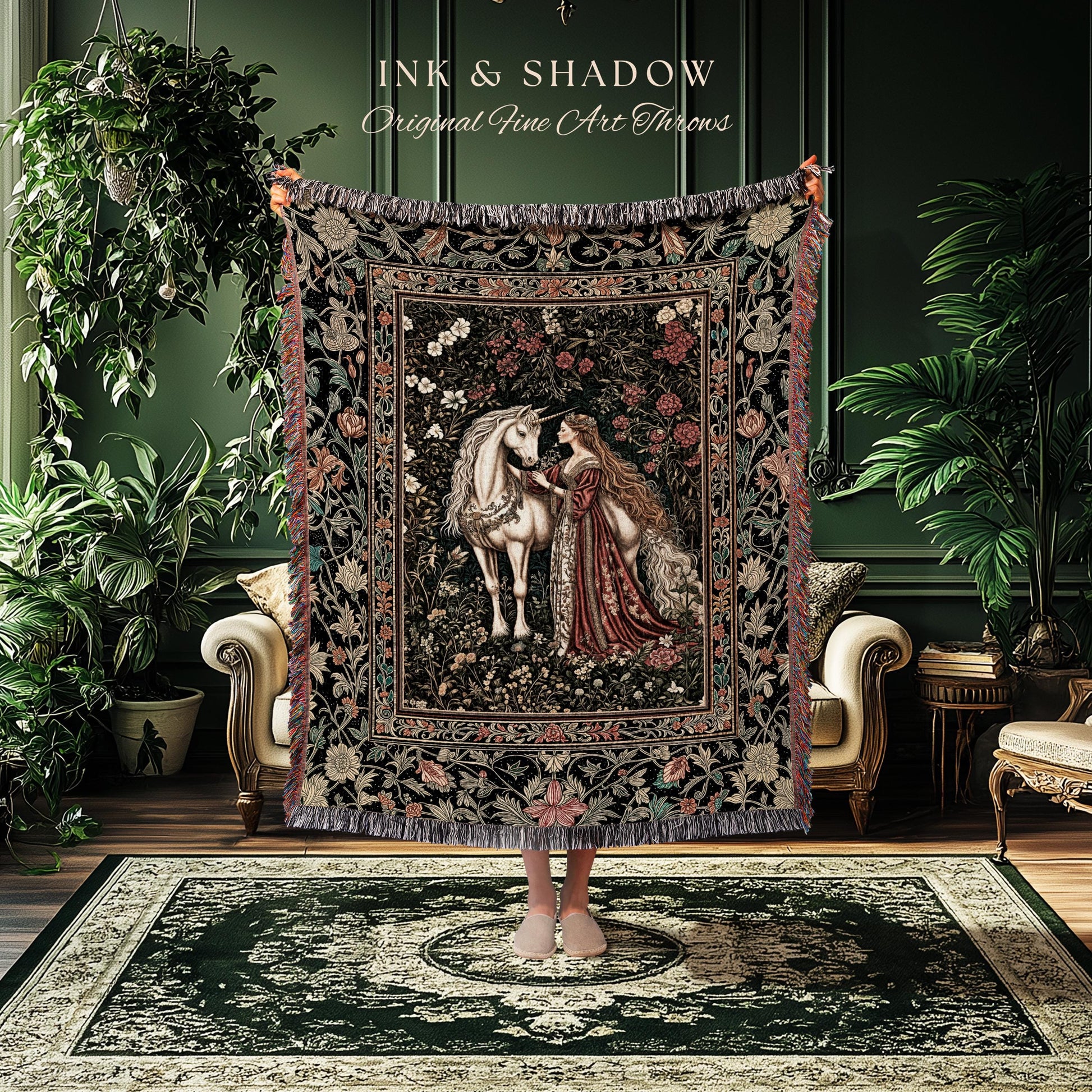 Gothic Romance Storybook Cozy Throw Blanket | Dark Academia Fairytale Tapestry Medieval Coquette Cottagecore Dreamy Regal Bedroom Accent |