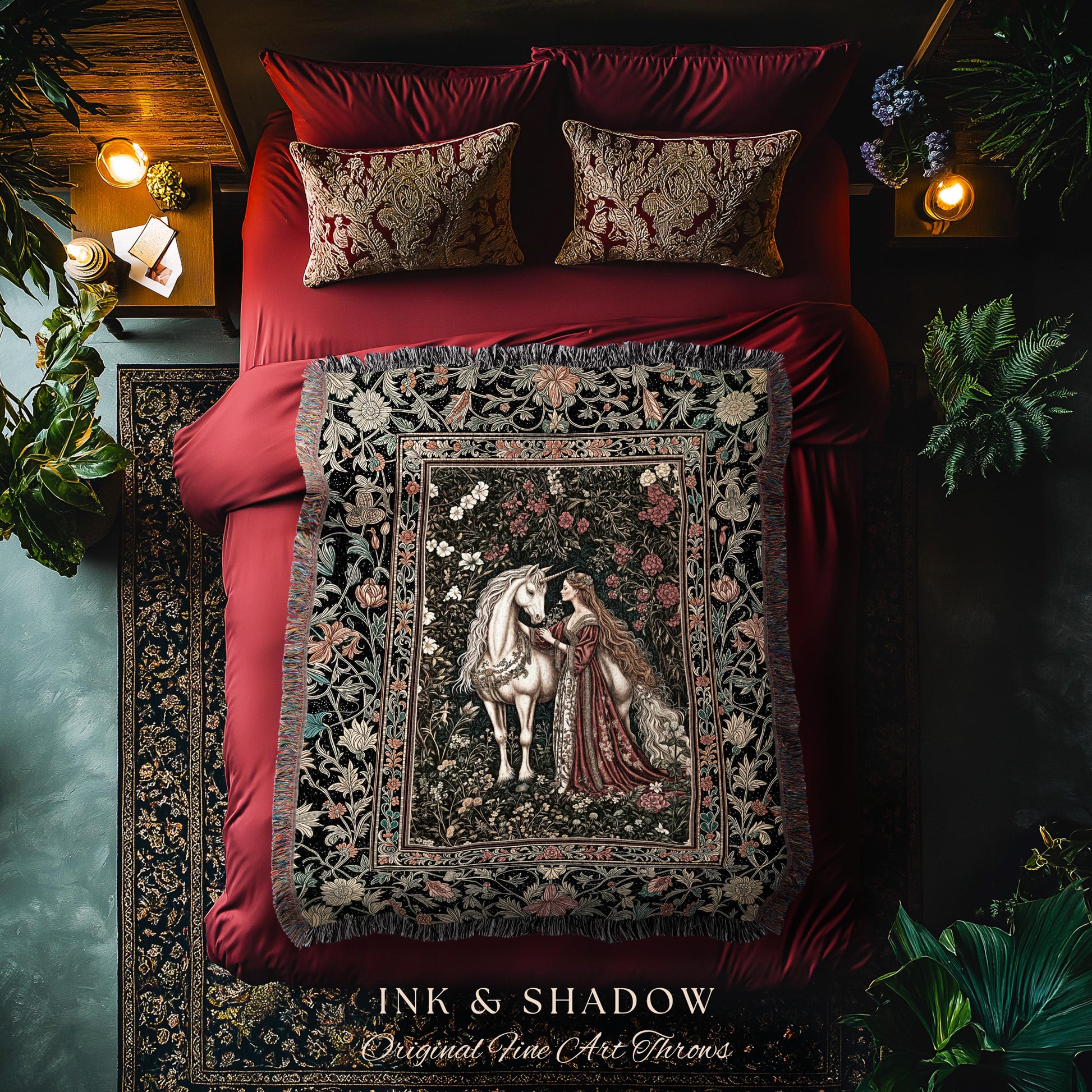Gothic Romance Storybook Cozy Throw Blanket | Dark Academia Fairytale Tapestry Medieval Coquette Cottagecore Dreamy Regal Bedroom Accent |