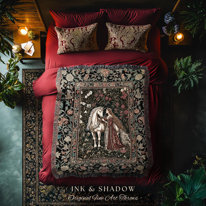 Gothic Romance Storybook Cozy Throw Blanket | Dark Academia Fairytale Tapestry Medieval Coquette Cottagecore Dreamy Regal Bedroom Accent |