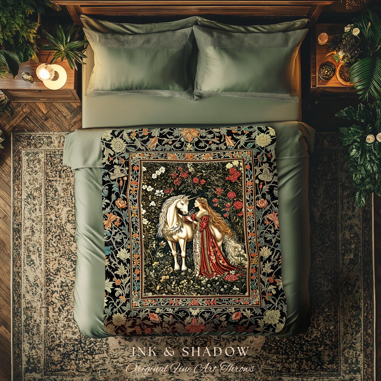 Gothic Romance Storybook Cozy Throw Blanket | Dark Academia Fairytale Tapestry Medieval Coquette Cottagecore Dreamy Regal Bedroom Accent |