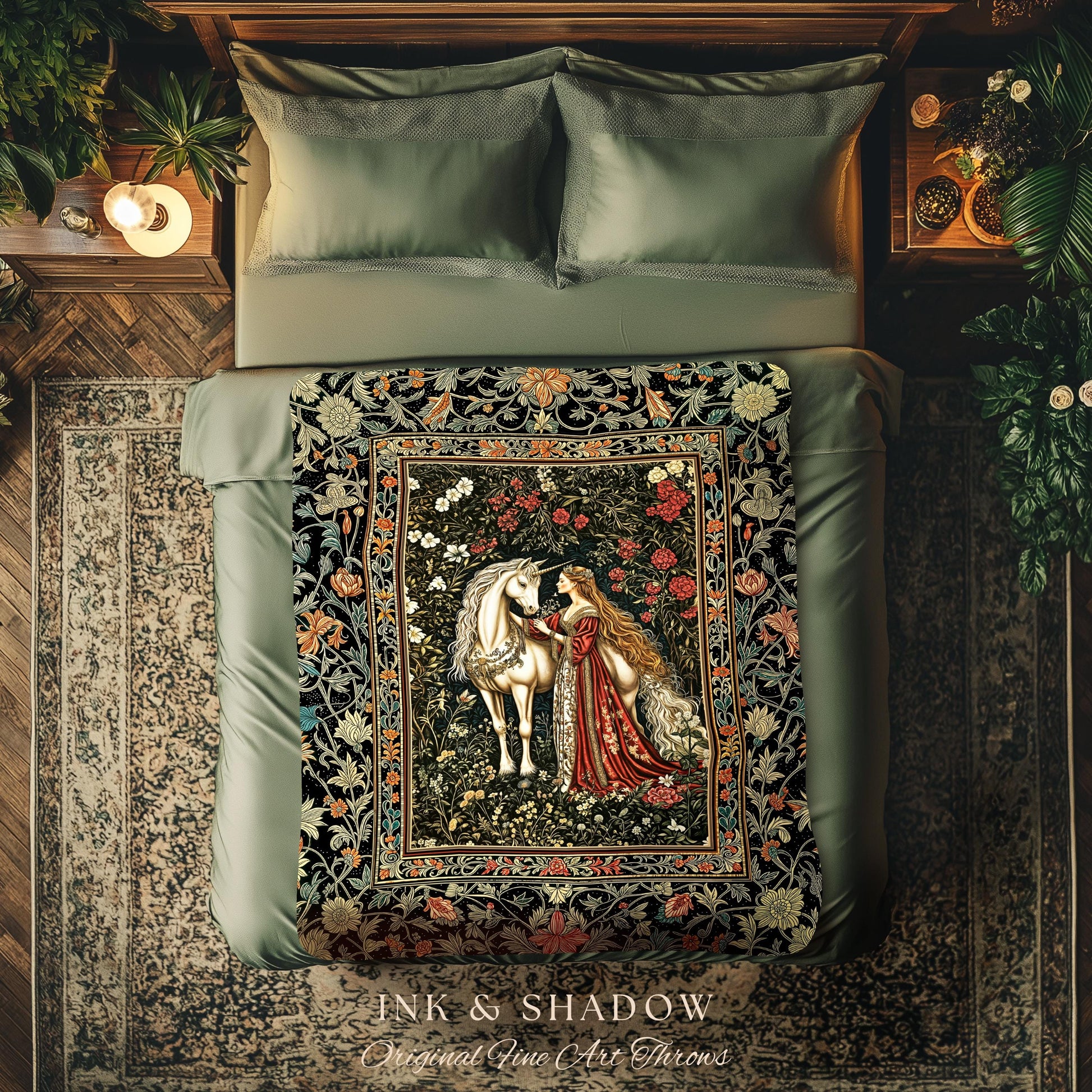 Gothic Romance Storybook Cozy Throw Blanket | Dark Academia Fairytale Tapestry Medieval Coquette Cottagecore Dreamy Regal Bedroom Accent |