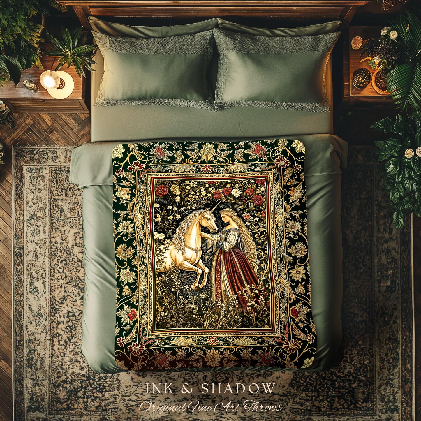 Renaissance Fairytale Floral Throw Blanket | Baroque Cottagecore Aesthetic Literary Goth Tapestry Regal Princesscore Bedroom Decor Medieval