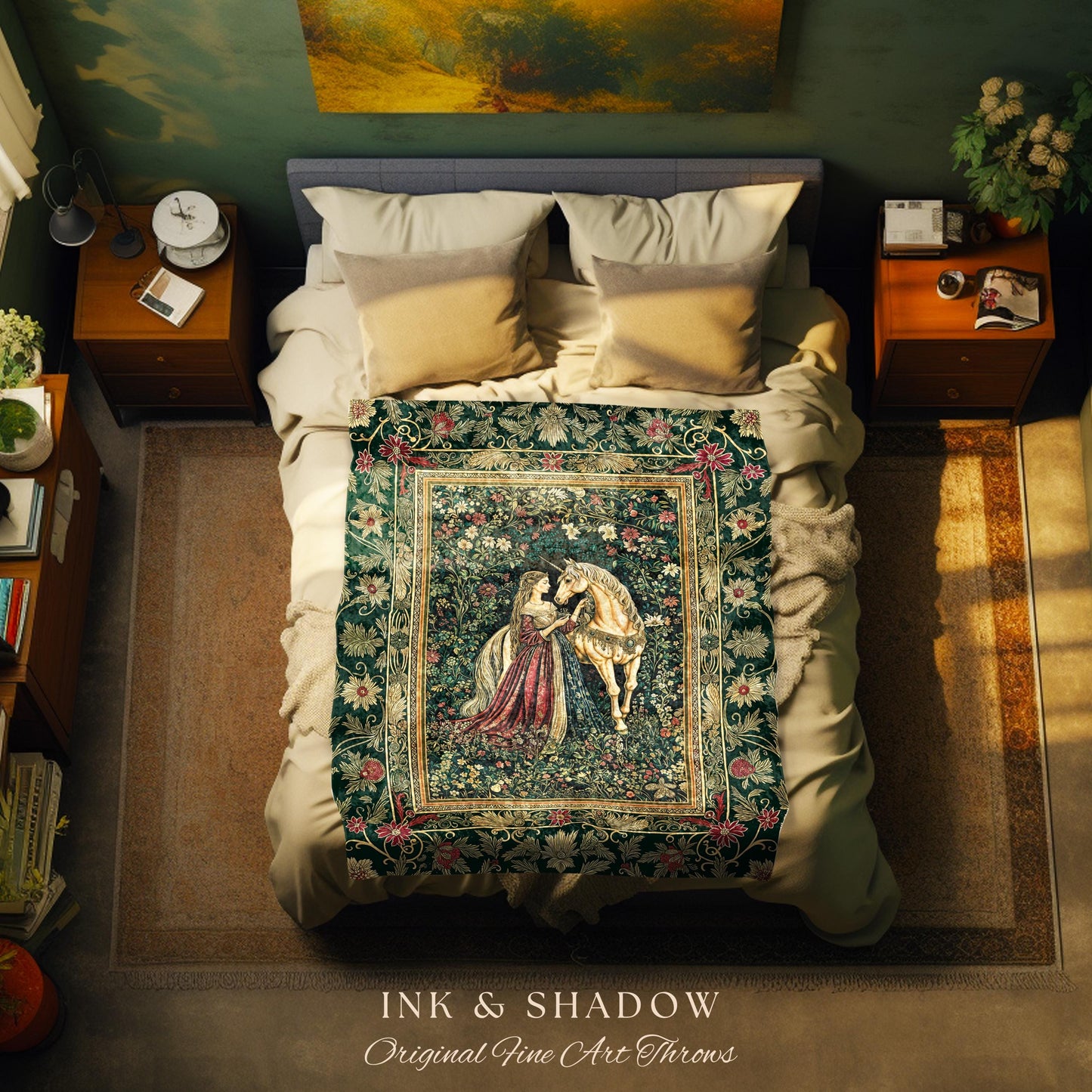 Dark Victorian Botanical Woven Wall Tapestry | Dreamy Rococo Storybook Aesthetic Romantic Fairy Bedroom Dark Cottagecore Throw Blanket |