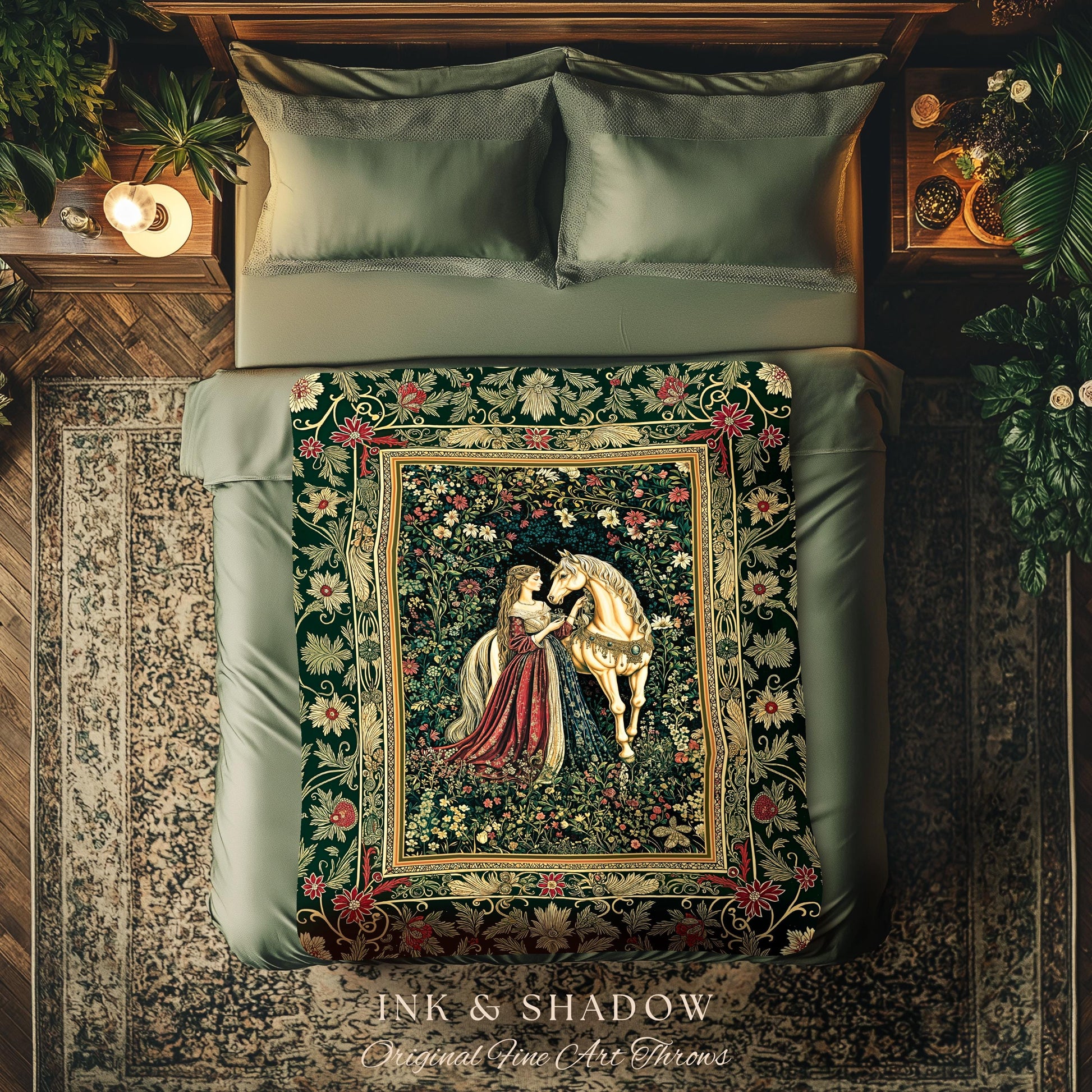 Dark Victorian Botanical Woven Wall Tapestry | Dreamy Rococo Storybook Aesthetic Romantic Fairy Bedroom Dark Cottagecore Throw Blanket |