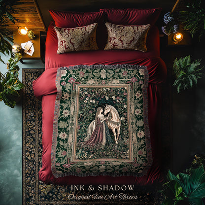 Dark Victorian Botanical Woven Wall Tapestry | Dreamy Rococo Storybook Aesthetic Romantic Fairy Bedroom Dark Cottagecore Throw Blanket |