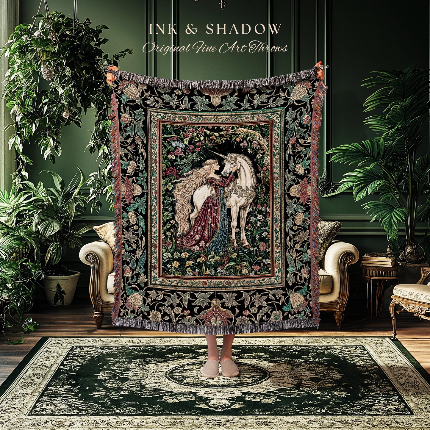 Baroque Fantasy Rustic Throw Blanket | Rococo Coquette Bedroom Decor Dark Royalcore Woven Wall Tapestry Medieval Storybook Gothic Aesthetic