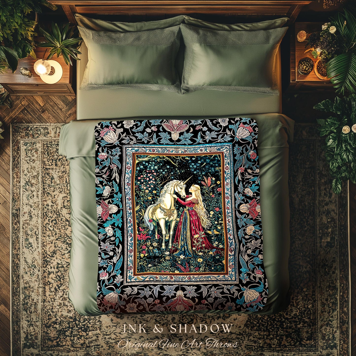 Rustic Fairytale Dark Teal Throw Blanket | Rococo Baroque Inspired Decor Medieval Princesscore Woven Tapestry Dreamy Fantasy Bedroom Style |
