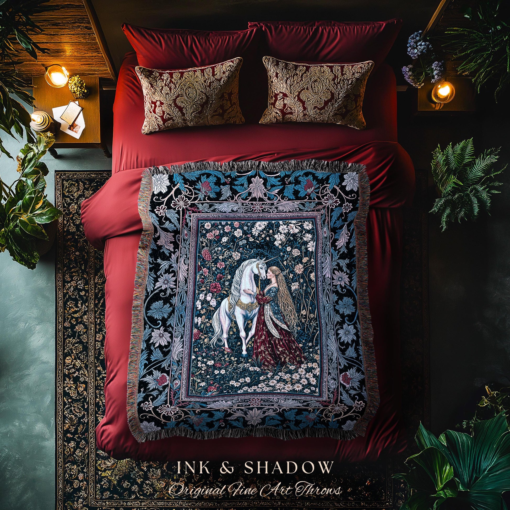 Rococo Enchanted Forest Wall Tapestry | Rustic Fairytale Bedroom Baroque Elegance Medieval Woven Throw Blanket Romance Gothic Aesthetic |