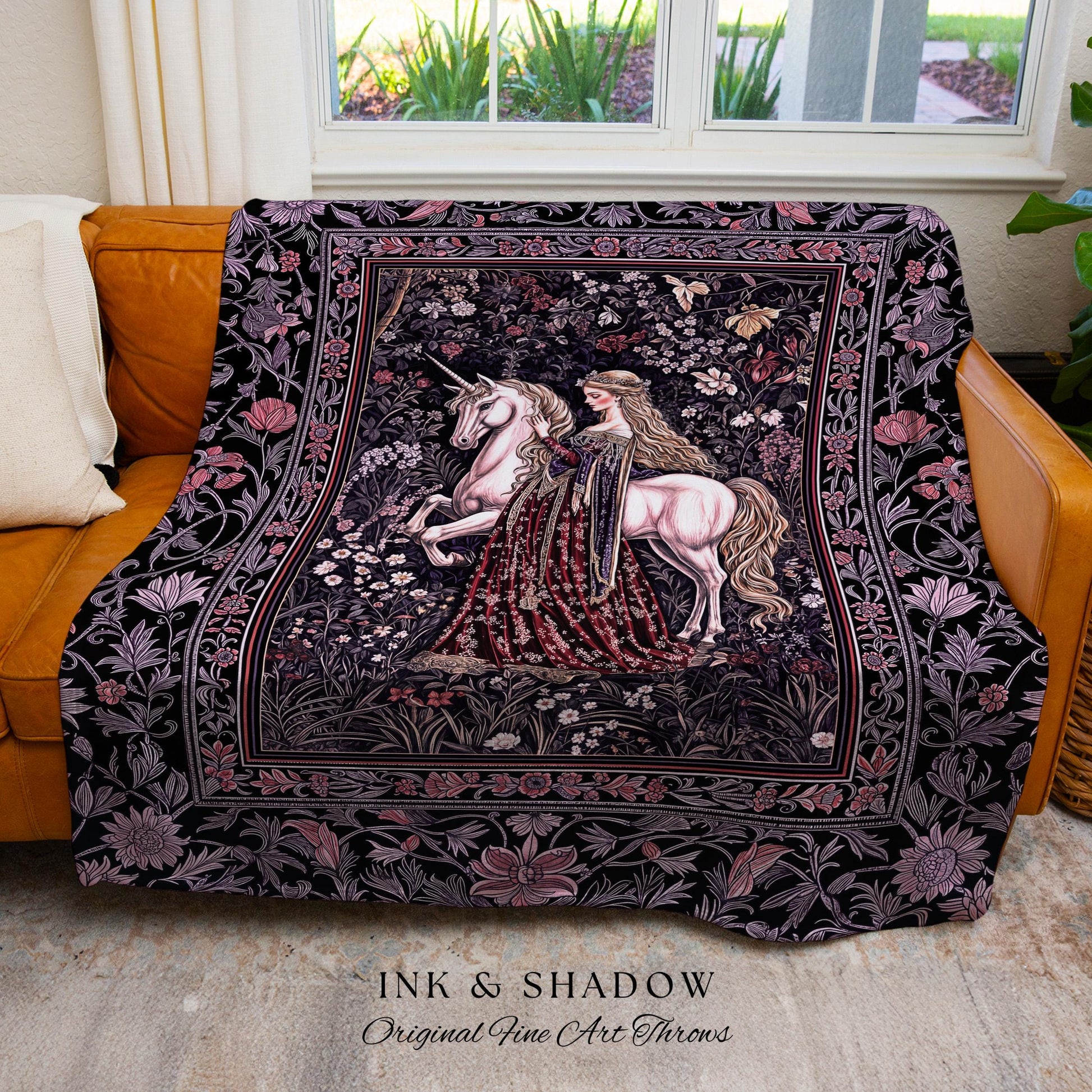 Pastel Whimsical Medieval Woven Tapestry | Enchanted Cottagecore Throw Blanket Romantic Goth Princess Bedroom Fairytale Regal Coquette Decor