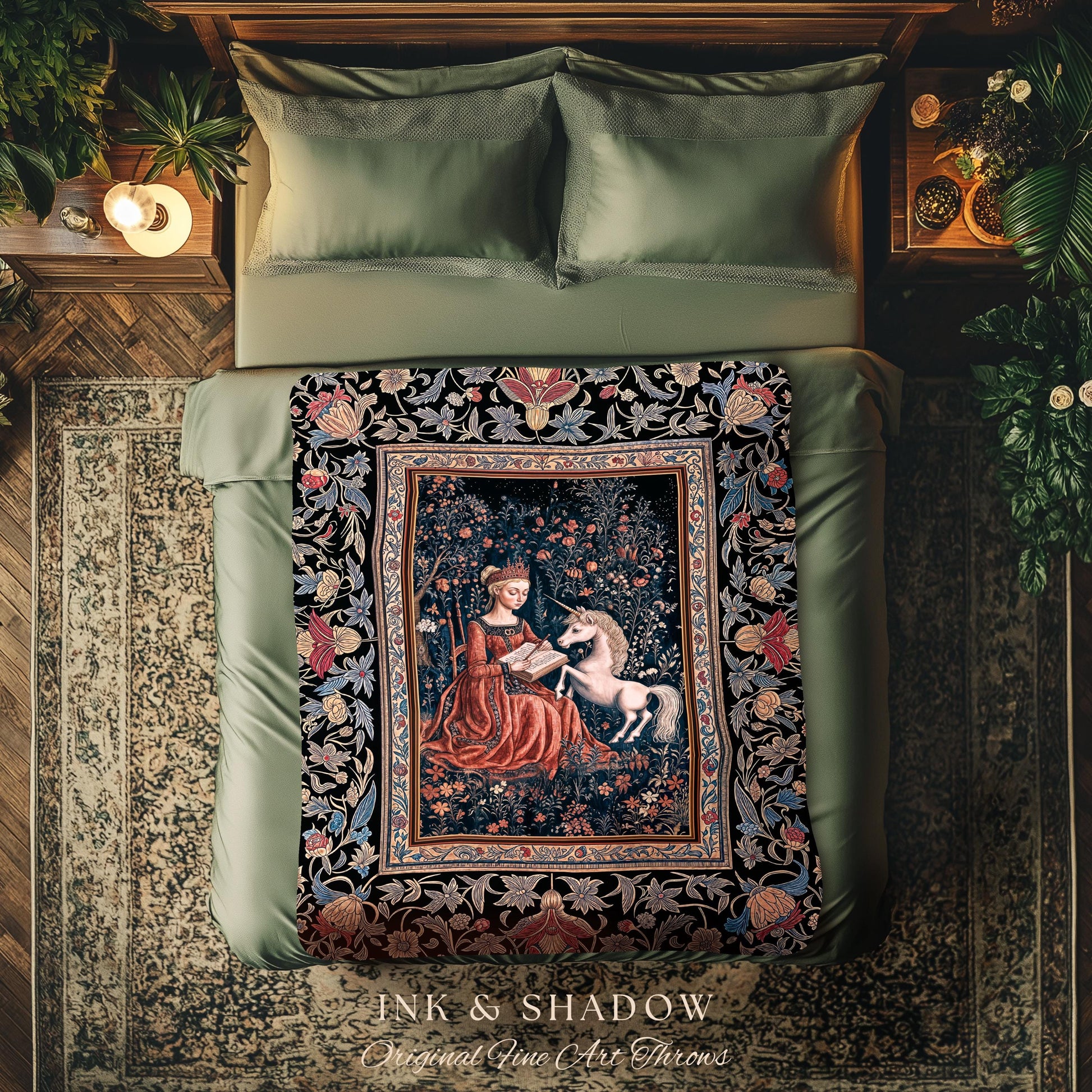 Fairytale Unicorn Victorian Tapestry Blanket | Storybook Dark Academia Decor Fairytale Princess Rococo Tapestry Romantic Cottage Aesthetic |