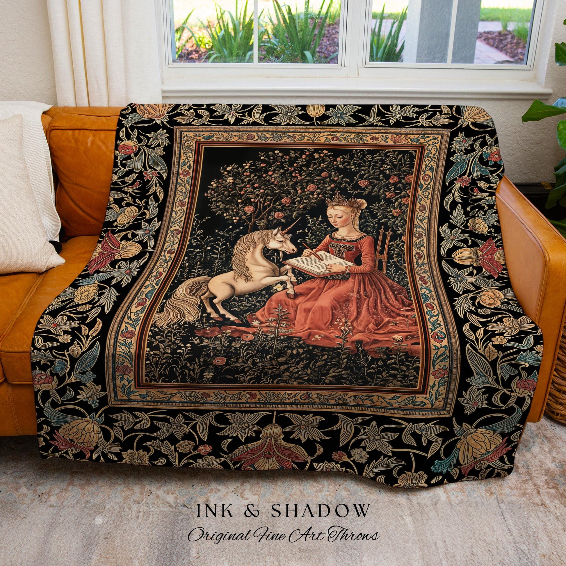 Victorian Storybook Floral Woven Blanket | Mystical Renaissance Fairytale Wall Tapestry Dark Cottagecore Ethereal Bedroom Royalcore Decor |