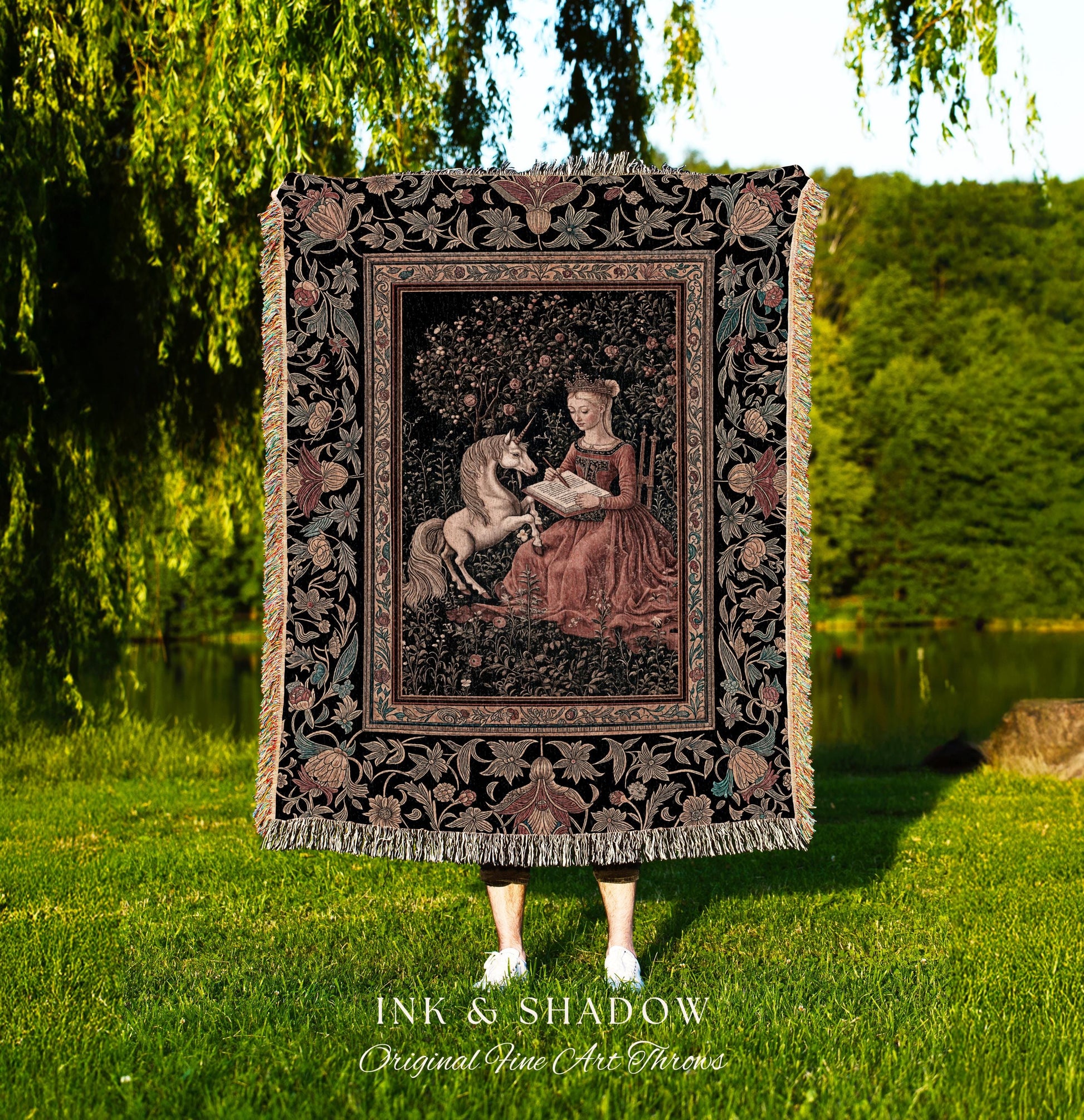 Victorian Storybook Floral Woven Blanket | Mystical Renaissance Fairytale Wall Tapestry Dark Cottagecore Ethereal Bedroom Royalcore Decor |