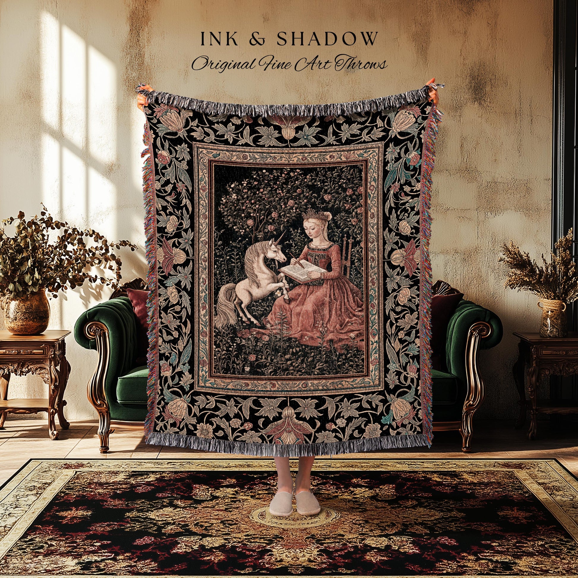 Victorian Storybook Floral Woven Blanket | Mystical Renaissance Fairytale Wall Tapestry Dark Cottagecore Ethereal Bedroom Royalcore Decor |