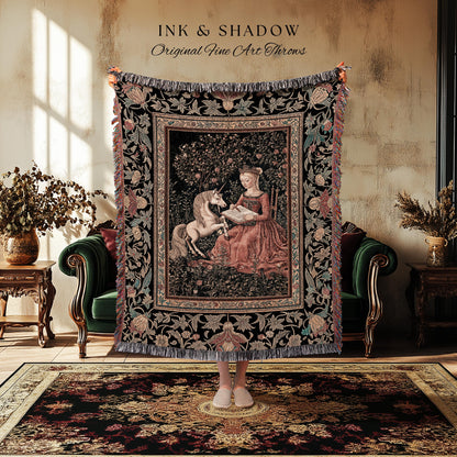 Victorian Storybook Floral Woven Blanket | Mystical Renaissance Fairytale Wall Tapestry Dark Cottagecore Ethereal Bedroom Royalcore Decor |