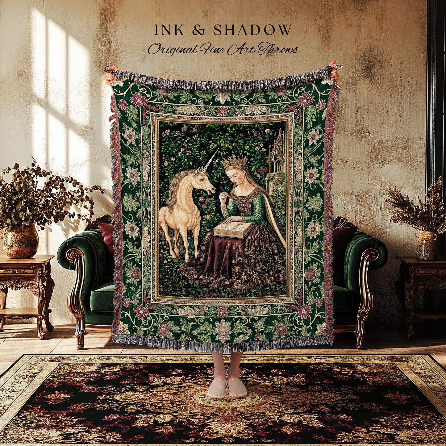 Whimsical Medieval Fantasy Throw Blanket | Rustic Storybook Cottagecore Coquette Regal Aesthetic Woven Tapestry Dark Royalcore Folklore |