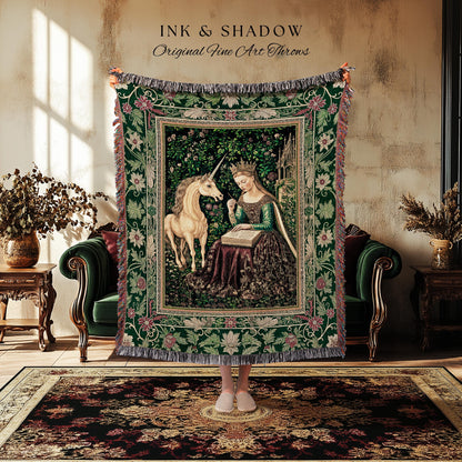Whimsical Medieval Fantasy Throw Blanket | Rustic Storybook Cottagecore Coquette Regal Aesthetic Woven Tapestry Dark Royalcore Folklore |
