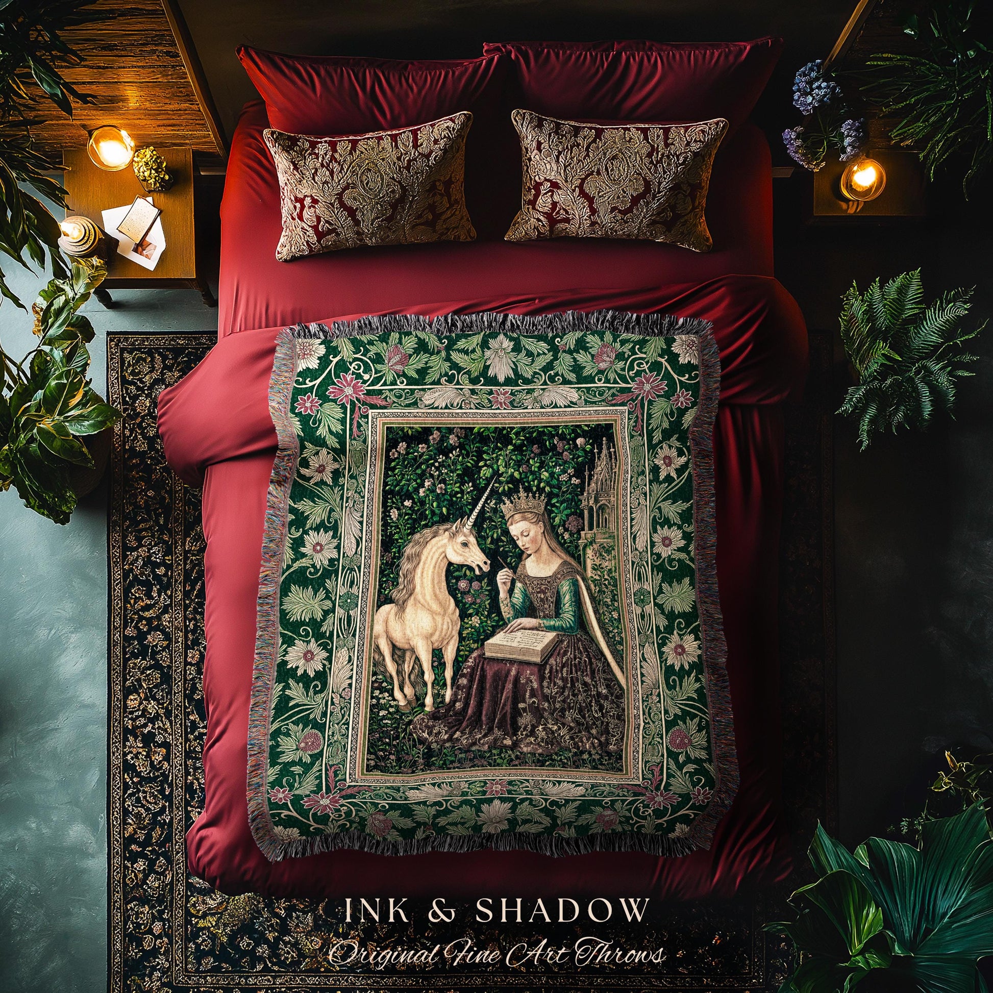 Whimsical Medieval Fantasy Throw Blanket | Rustic Storybook Cottagecore Coquette Regal Aesthetic Woven Tapestry Dark Royalcore Folklore |
